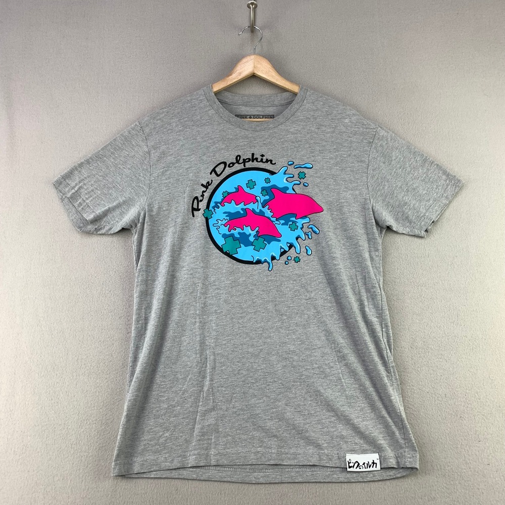 Pink Dolphin Waves Graphic T-Shirt Men Large Gray Streetwear Short Sleeve Cotton